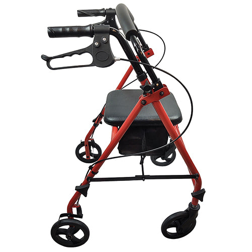 ROLL WITH ME Steel Rollator w/6" Wheels, K/D, Red, Case/2 Durable steel frame Ergonomic hand grips loop-lock brakes Adjustable handle height padded seat sand backrest storage pouch under the seat Folds almost flat indoor and outdoor use