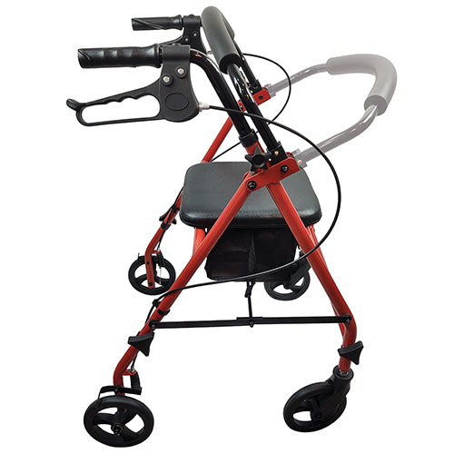 ROLL WITH ME Steel Rollator w/6" Wheels, K/D, Red, Case/2 Durable steel frame Ergonomic hand grips loop-lock brakes Adjustable handle height padded seat sand backrest storage pouch under the seat Folds almost flat indoor and outdoor use
