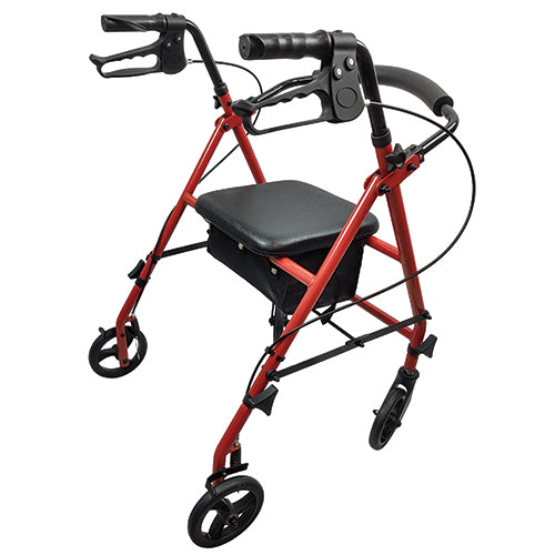 ROLL WITH ME Steel Rollator w/6" Wheels, K/D, Red, Case/2 Durable steel frame Ergonomic hand grips loop-lock brakes Adjustable handle height padded seat sand backrest storage pouch under the seat Folds almost flat indoor and outdoor use