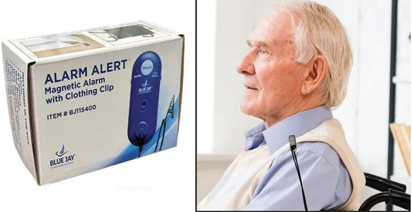 ALARM ALERT Magetic Alarm with Clothing Clip an excellent fall prevention solution Reliable practical Metal clip attaches to patients clothing When the patient tries to stand Alarm sound with tone of Music