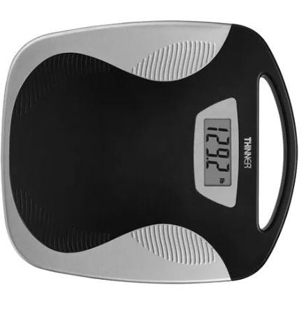 Conair Thinner Portable Digital Scale in Black/Silver Weight Capacity 350 lb /160 kg Large 1.3" high contrast digital display Platform size: 11.5" x 13" Includes long-life lithium battery Easy to read and to store "tap on" feature for instant activation