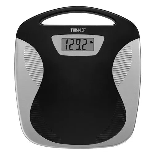 Conair Thinner Portable Digital Scale in Black/Silver Weight Capacity 350 lb /160 kg Large 1.3" high contrast digital display Platform size: 11.5" x 13" Includes long-life lithium battery Easy to read and to store "tap on" feature for instant activation