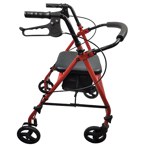 ROLL WITH ME Steel Rollator w/6" Wheels, K/D, Red, Case/2 Durable steel frame Ergonomic hand grips loop-lock brakes Adjustable handle height padded seat sand backrest storage pouch under the seat Folds almost flat indoor and outdoor use