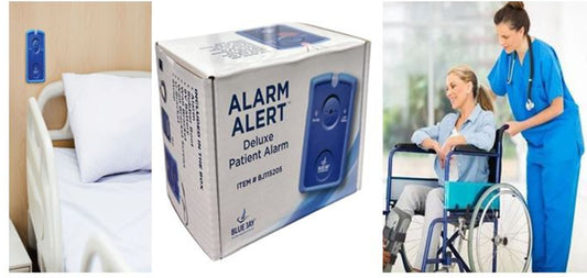 ALARM ALERT Deluxe Patient Alarm by Blue Jay features caregiver alarm fall prevention system switches to set alarm or music tone bed chair floor sensor alarm indicator flashes red