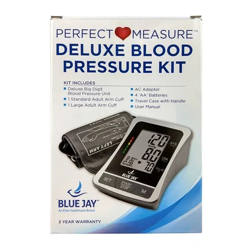 Deluxe Perfect Measure Blood Pressure Kit w/2 Cuffs a standard adult cuff, a large adult cuff 4 AA batteries A/C adapter instruction manual travel carry case with handle 120 individual memories in 2 groups with date and time Irregular heartbeat detection