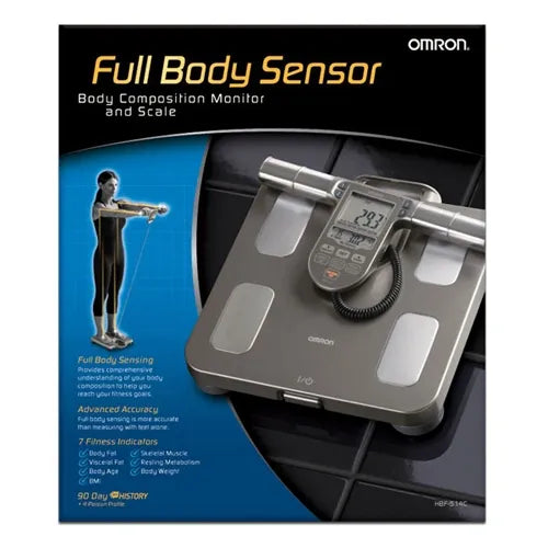 OMRON Body Composition Monitor and Scale w/ 7 Fitness Indicators Measures body fat percentage body mass index (BMI), skeletal muscle 4 person memory Stores up to 90 days of memory LCD display adult users up to  6 3/4" tall.