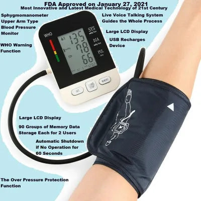 FDA Approved Upper Arm Blood Pressure Monitor Intelligence Speaks your BP reading results see video Digital, Automatic Sphygmomanometer Live voice Talking system guides the process reports result USB recharge 2*90 Groups Memory Model CK-A158