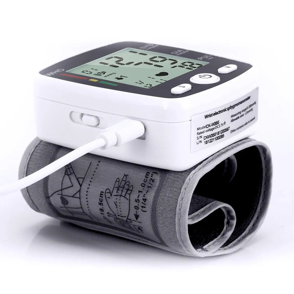 FDA Approved Wrist Blood Pressure Monitor Live Voice Talking Intelligence Broadcasts Speaks your measurement of BP reading results Guides the process USB Recharge Sphygmomanometer LCD Display Classification: Class II Memory 2 * 90 Arrhythmia detection