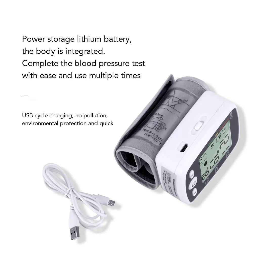 FDA Approved Wrist Blood Pressure Monitor Live Voice Talking Intelligence Broadcasts Speaks your measurement of BP reading results Guides the process USB Recharge Sphygmomanometer LCD Display Classification: Class II Memory 2 * 90 Arrhythmia detection