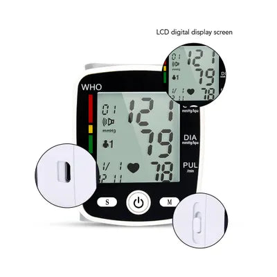 FDA Approved Wrist Blood Pressure Monitor Live Voice Talking Intelligence Broadcasts Speaks your measurement of BP reading results Guides the process USB Recharge Sphygmomanometer LCD Display Classification: Class II Memory 2 * 90 Arrhythmia detection