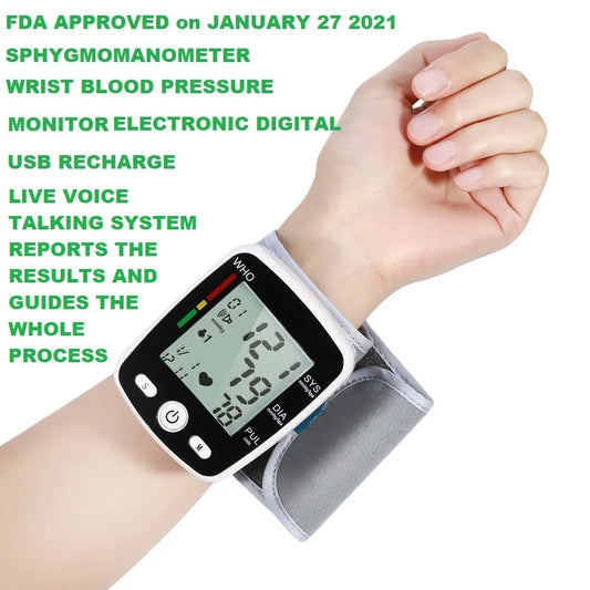 FDA Approved Wrist Blood Pressure Monitor Live Voice Talking Intelligence Broadcasts Speaks your measurement of BP reading results Guides the process USB Recharge Sphygmomanometer LCD Display Classification: Class II Memory 2 * 90 Arrhythmia detection